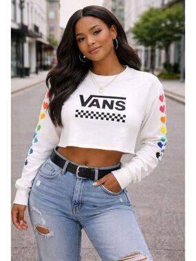 Vans Rainbow Checkerboard Crop Top NWT M White Long Sleeve Streetwear Skate Y2K